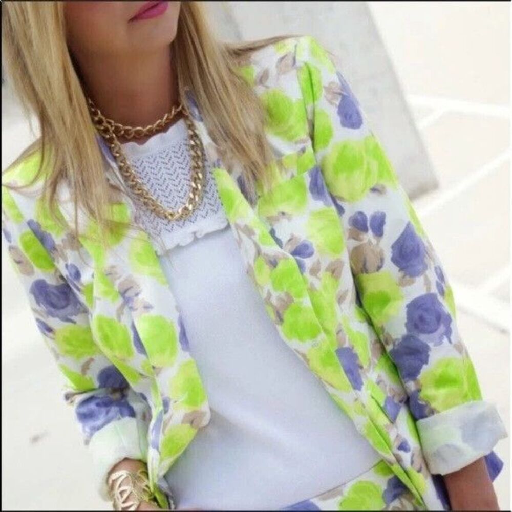 J.Crew Blazer Womens 10 Multicolor Floral Cotton Two Button Lined Jacket Office